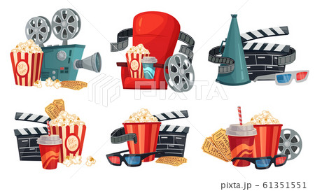 Cartoon cinema. Movie projector, 3d cinema glasses and vintage film camera illustration vector set Cartoon cinema. Movie projector, 3d cinema glasses and vintage film camera illustration vector set 61351551