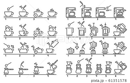 Brewing tea and coffee instruction. Preparing green tea bag, hot drinks guideline and coffee machine tutorial vector illustration set Brewing tea and coffee instruction. Preparing green tea bag, hot drinks guideline and coffee machine tutorial vector illustration set 61351578