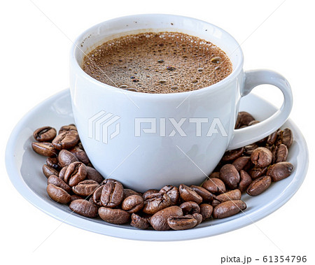Cup of hot coffee and a scattering of coffee beans 61354796