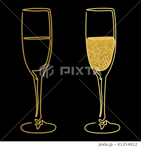 Festive design with gold glitter texture element. Glasses of champagne wine on black background. Holidays vector illustration for calendar, party invitation, card, poster, banner web 61354812