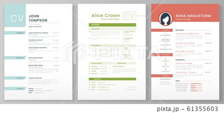 Personal resume template. Artistic profile, professional CV forms and minimalist resumes mockup vector illustration set 61355603