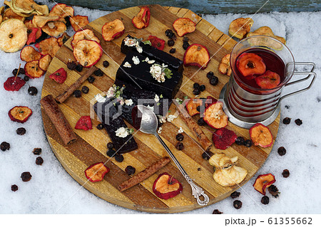 Tea party   with cup of hot tea,  fruit jelly,  61355662