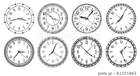 Vintage round clock face. Antique clocks with arabic numerals, retro watchface and antic watches vector illustration set 61355863