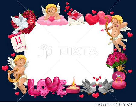 Happy Valentines day, love hearts and cupids frame 61355972