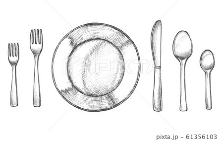 Sketch of plate and spoon, fork and knife Sketch of plate and spoon, fork and knife 61356103