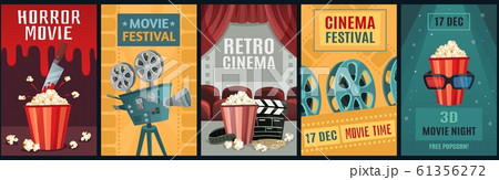 Movie poster. Horror film, cinema camera and retro movies night posters template vector illustration set 61356272