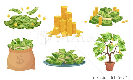 Cartoon cash. Green dollar banknotes pile, rich gold coins and pay. Cash bag, tray with stacks of bills and money tree vector illustration set 61356273