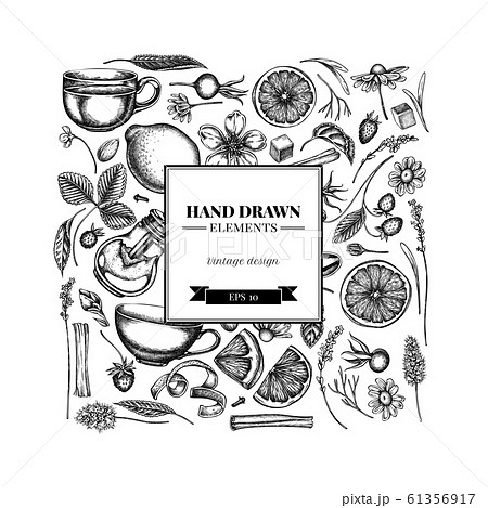 Square design with black and white cinnamon, lemons, oranges, tea bag, sugar cubes, heather 61356917