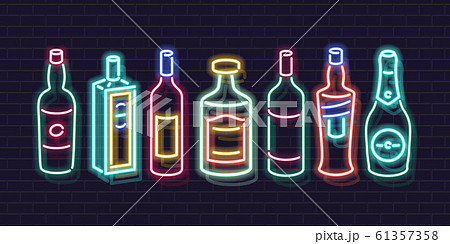 Neon bar shelf bottles icon set. Beverages for 61357358