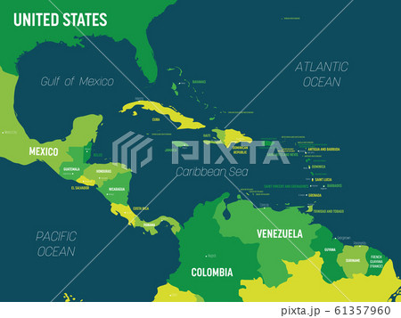 Central America map - green hue colored on dark background. High detailed political map Central American and Caribbean region with country, capital, ocean and sea names labeling 61357960