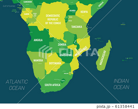 Southern Africa map - green hue colored on dark background. High detailed political map of southern african region with country, capital, ocean and sea names labeling 61358441