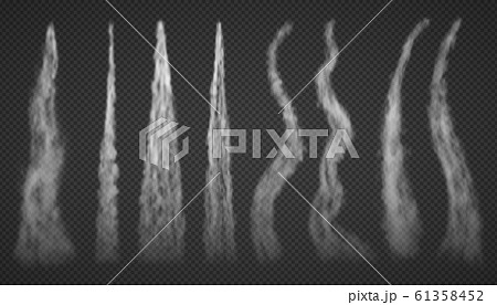 Airplane condensation trails smoke isolated on transparent background. White foggy aviation smoke clouds set. Rocket start trail smoky. Vector illustration Airplane condensation trails smoke isolated on transparent background. White foggy aviation smoke clouds set. Rocket start trail smoky. Vector illustration 61358452
