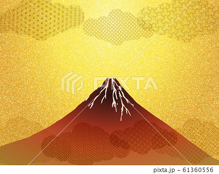 赤富士と和柄のイラスト-金屏風イメージ背景テクスチャ 61360556