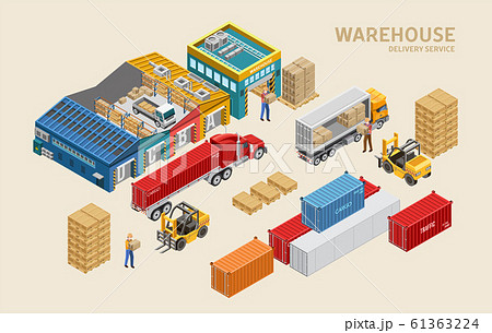 Workers loading trucks near cargo containers 61363224