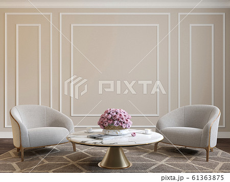 Classic beige interior with armchairs, coffee table, flowers and wall moldings. 3d render illustration mockup. Classic beige interior with armchairs, coffee table, flowers and wall moldings. 3d render illustration mockup. 61363875