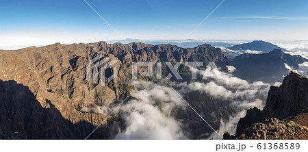 Panoramic view on crater Caldera de Taburiente from viepoint at top of Roque de los Muchachos mountain on the island La Palma, Canary Islands, Spain Panoramic view on crater Caldera de Taburiente from viepoint at top of Roque de los Muchachos mountain on the island La Palma, Canary Islands, Spain 61368589