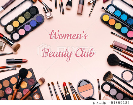 Women's beauty club. Decorative cosmetics on a pink background 61369182