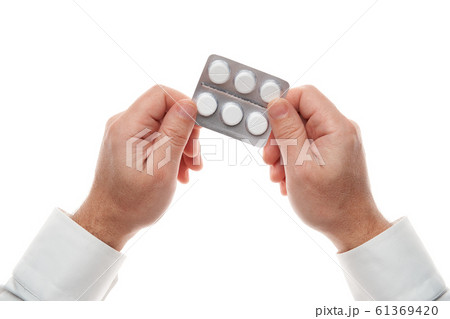 Man hand with pills blister isolated on white Man hand with pills blister isolated on white 61369420