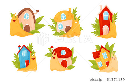 Cute Cartoon Snails Carrying House on Their Backs Vector Illustrations Set 61371189