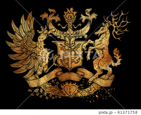 Heraldic drawing with rooster bird and horned deer on black background. Heraldic drawing with rooster bird and horned deer on black background. 61371758
