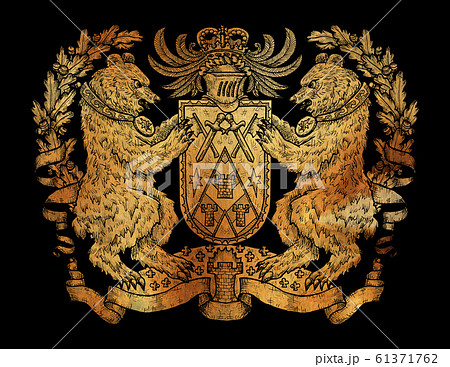 Heraldic drawing with bears holding shield on black background. Heraldic drawing with bears holding shield on black background. 61371762