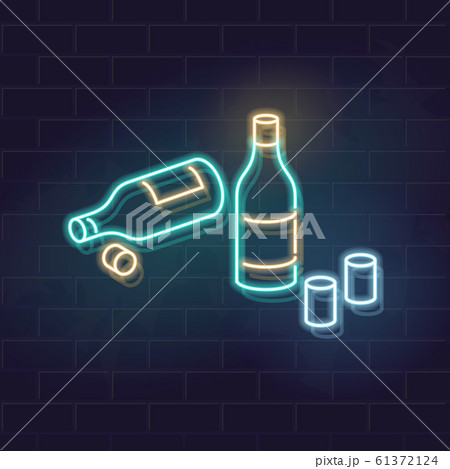Neon soju bottles on table. View after two friends meeting. Korean drama style illustration. Vector illustration on brick wall background. Neon soju bottles on table. View after two friends meeting. Korean drama style illustration. Vector illustration on brick wall background. 61372124