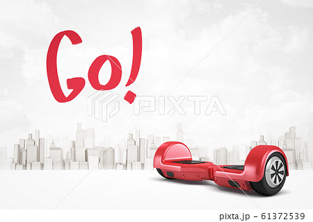 3d rendering of red hoverboard gyroscooter and title 'Go' on the background of gray and white modern city. 3d rendering of red hoverboard gyroscooter and title 'Go' on the background of gray and white modern city. 61372539