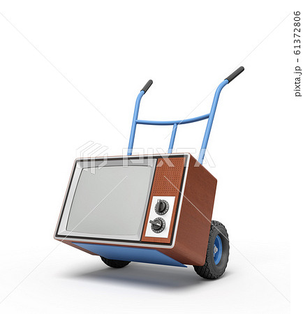 3d rendering of blue hand truck standing in half-turn with brown retro TV set on it. 61372806