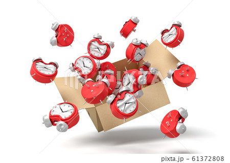 3d rendering of cardboard box in air full of bent deformed alarm clocks which are flying out and floating outside. 61372808
