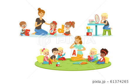 Speech Therapist working with Children, Teacher Explaining Alphabet to Kids, Boys and Girls Playing and Studying in Kindergarten or School Vector Illustration 61374265