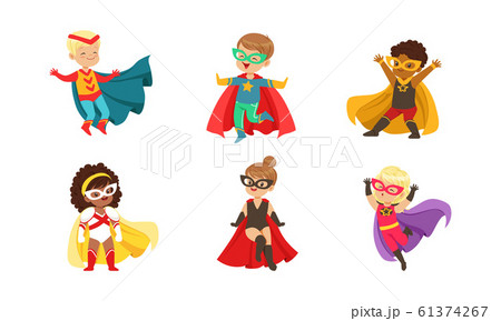Kid Superheroes Collection, Cute Happy Boys and Girls Wearing Superhero Costumes and Masks Vector Illustration 61374267