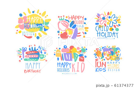 Happy Child Holday Fun and Game Labels Design Collection, Colorful Hand Drawn Templates Vector Illustration 61374377