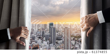 Business people hand opening curtain with Osaka city view in the morning sunrise Business people hand opening curtain with Osaka city view in the morning sunrise 61374855