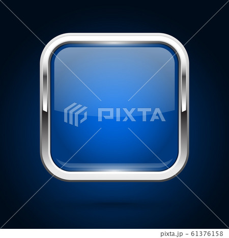 Blue glass button with metal frame. Square icon...のイラスト素材 [61376158 ...