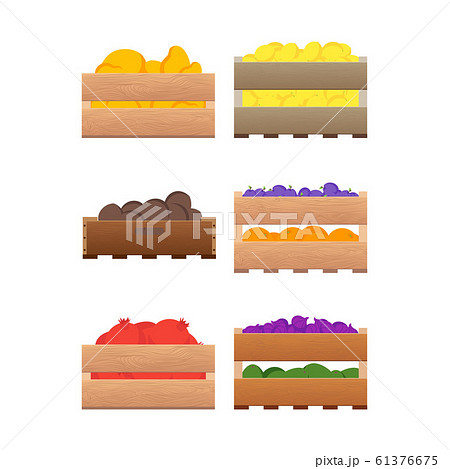 Cartoon Color Crates Fresh Fruits and Vegetables Sign Icon Set. Vector Cartoon Color Crates Fresh Fruits and Vegetables Sign Icon Set. Vector 61376675