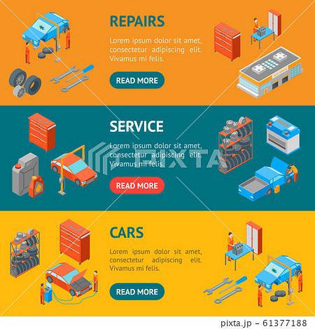Auto Service 3d Banner Horizontal Set Isometric View. Vector Auto Service 3d Banner Horizontal Set Isometric View. Vector 61377188