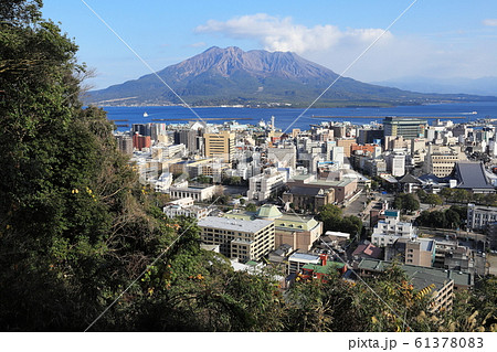 桜島と鹿児島市の街並み 61378083