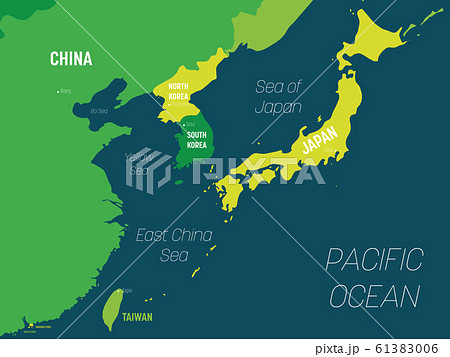 East Asia map - green hue colored on dark background. High detailed political map of eastern region with country, capital, ocean and sea names labeling 61383006
