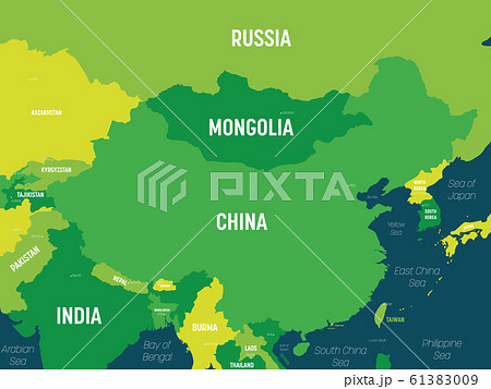 China map - green hue colored on dark background. High detailed political map of China and neighboring countries with country, capital, ocean and sea names labeling 61383009