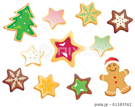 星やジンジャーブレッドマンのクリスマス仕様のクッキーのセットイラストのイラスト素材