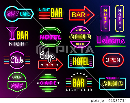 Neon glow hotel. Night advertising retro signboards new york or vegas style vintage frames club banners vector 61385754