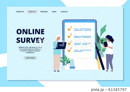 Online survey landing page. Choice list, quality questionnaire. People answering question, business internet marketing vector web banner 61385797