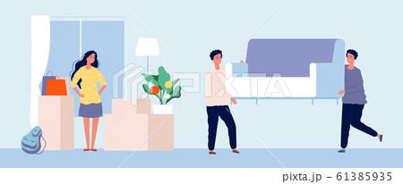 Moving concept. Young woman moves to new apartment. Flat girl moving services, men carry sofa vector illustration Moving concept. Young woman moves to new apartment. Flat girl moving services, men carry sofa vector illustration 61385935