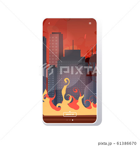 forest fires in australia wildfire city street with skyscrapers bushfire natural disaster concept intense orange flames cityscape background smartphone screen mobile app 61386670