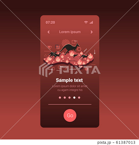 map of Australia with kangaroo running from bushfire endangered animals dying in wildfire natural disaster concept intense orange flames smartphone screen mobile app 61387013