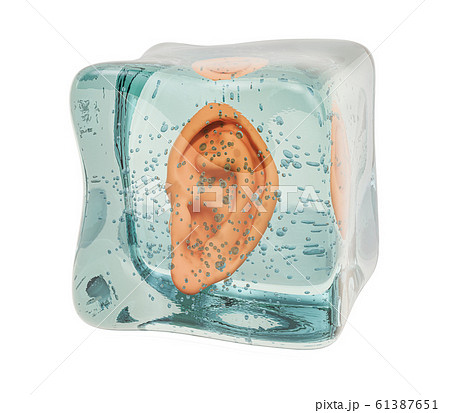 Human ear frozen in ice cube, 3D rendering 61387651