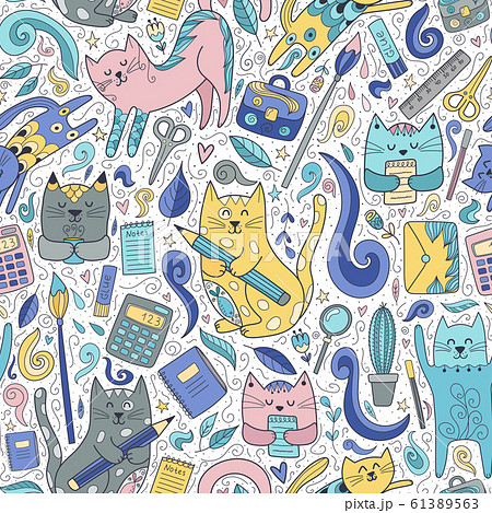 Cats and pens seamless pattern. Funny school background 61389563