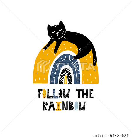 Follow the rainbow card with a cute black cat. Print in scandinavian style 61389621