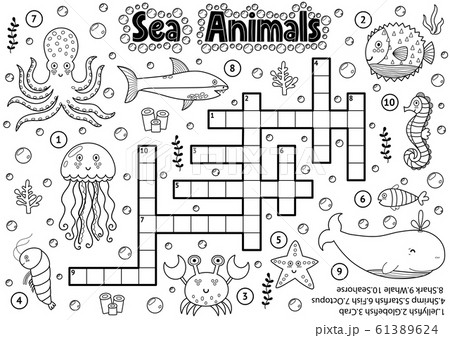 Black and white crossword with sea animals for coloring 61389624