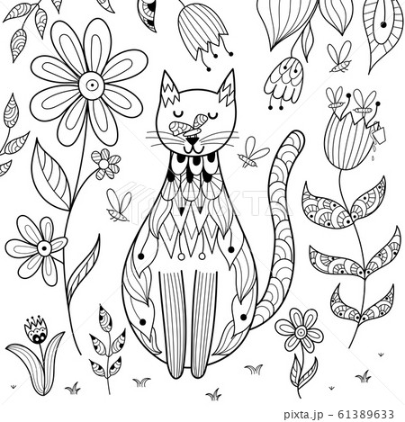 Butterfly sitting on cat nose funny coloring page Butterfly sitting on cat nose funny coloring page 61389633